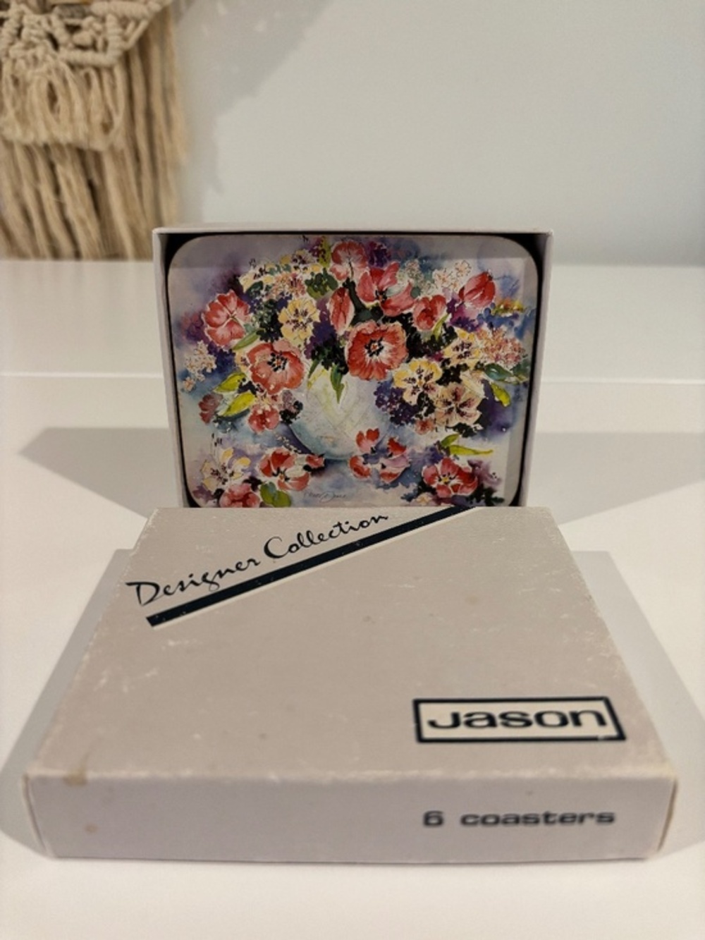 Vintage JASON floral cork coasters SET OF FIVE Flower Dance made in New Zealand